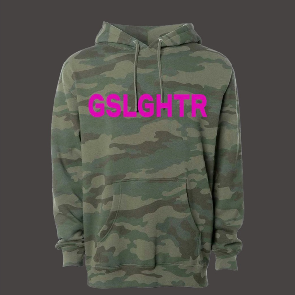 Camouflage Hoodie with Pink Lettering
